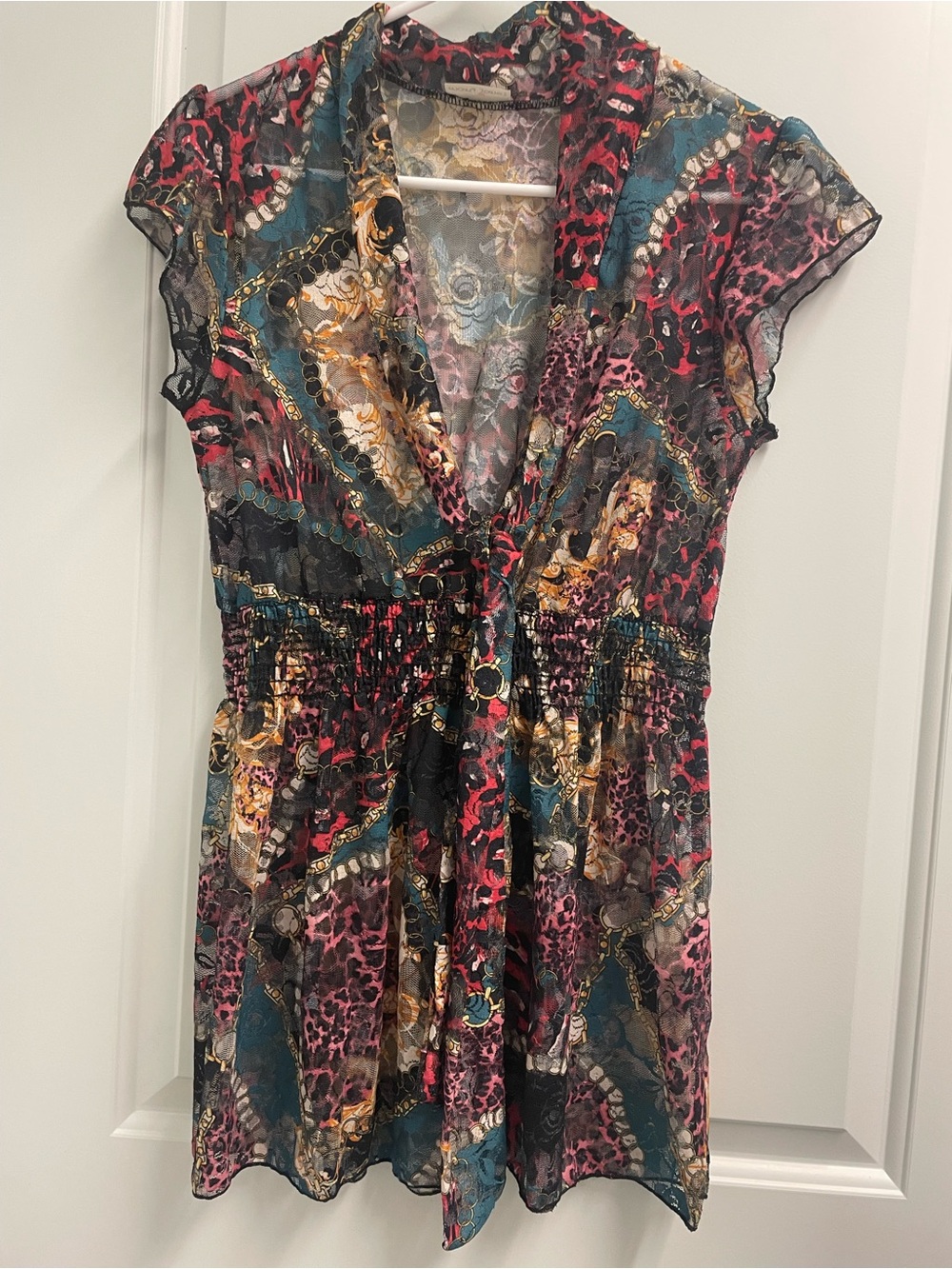 Sheer Multi‑Color Printed V‑Neck Women’s Dress